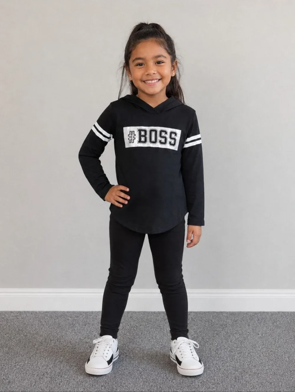 Childs Black #BOSS Glitter Graphic Hooded Shirt Large 6X